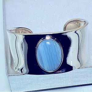 Vintage Southwestern Blue Lace Agate Sterling Silver Wide Cuff
